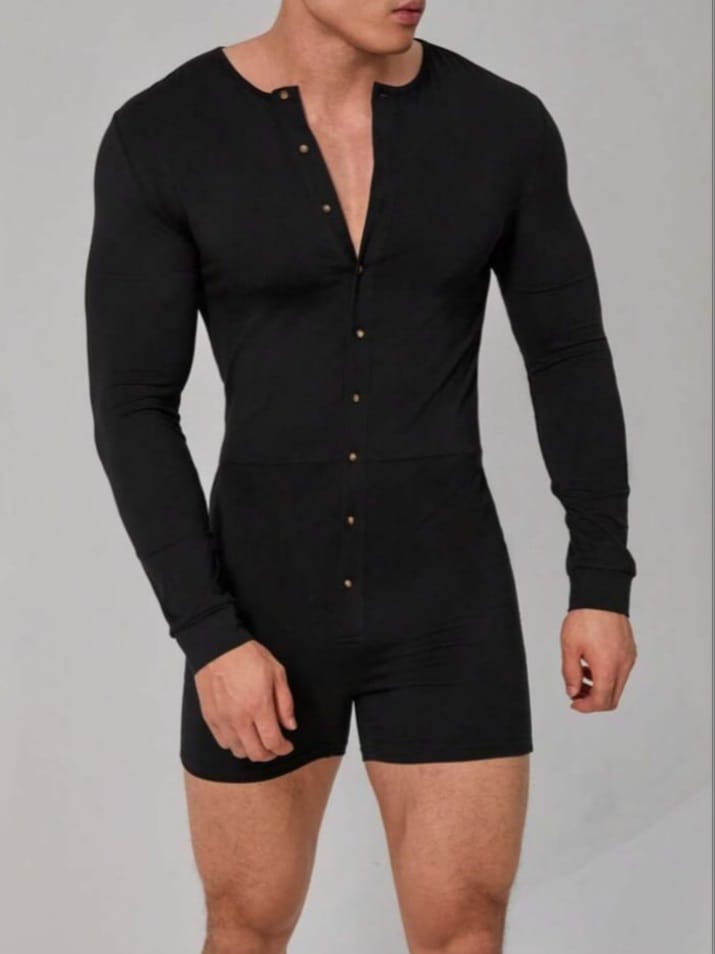 Men's Solid Button Front Sleep Romper